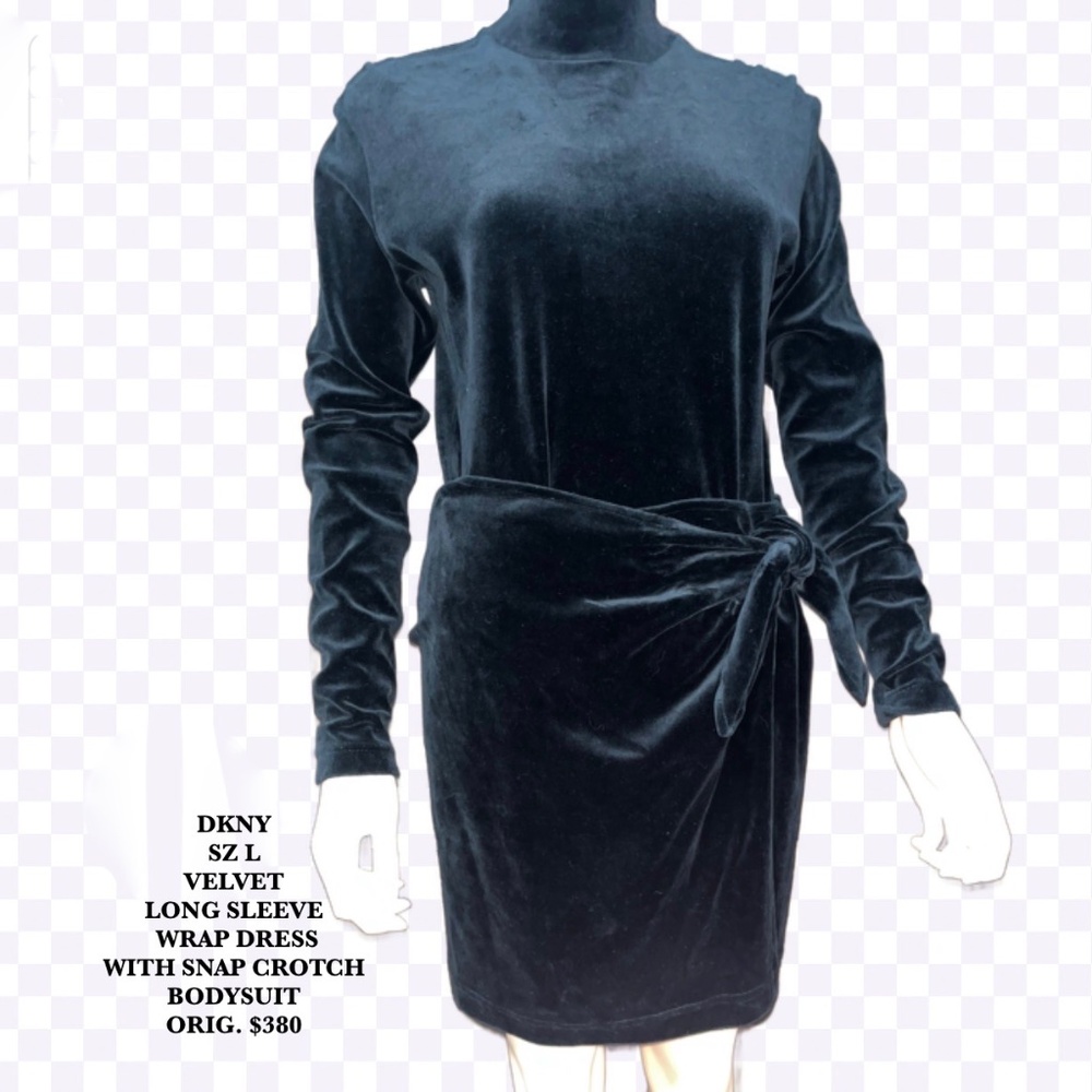 DKNY SZ L BLK VELVET LONG SLEEVE WRAP DRESS WITH SNAP CROTCH BODYSUIT ORIG. $380